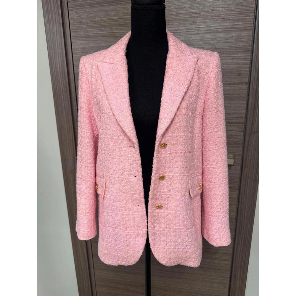 ZARA Pink Tweed Blazer Womens S Gold Button Tailored Jacket Textured Lined - Picture 1 of 9